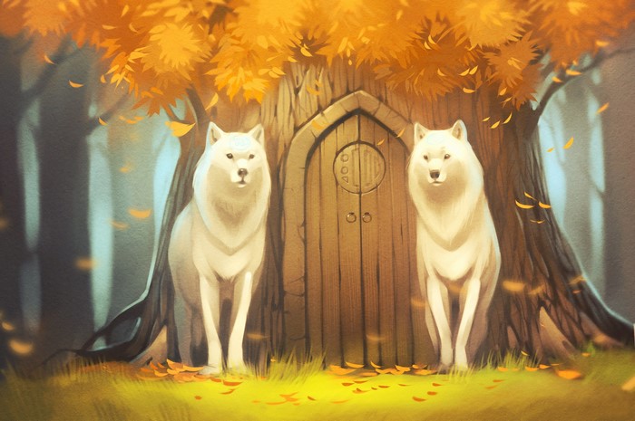 Two white wolves guard a tree door in autumn