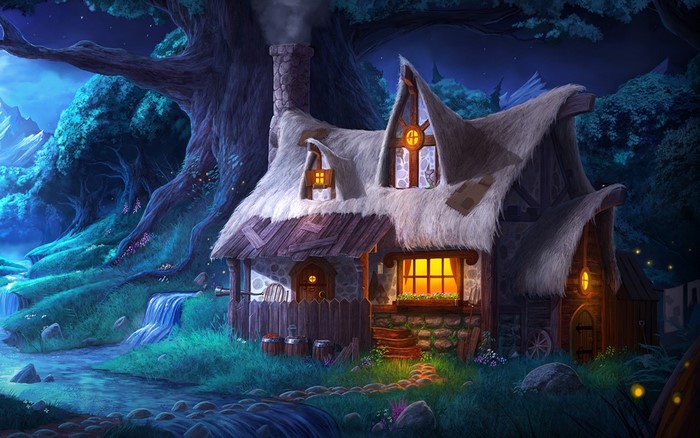 Fantasy cottage by a stream at night