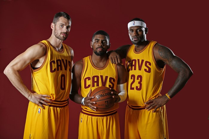 Kevin Love, Kyrie Irving, and LeBron James of Cleveland Cavaliers