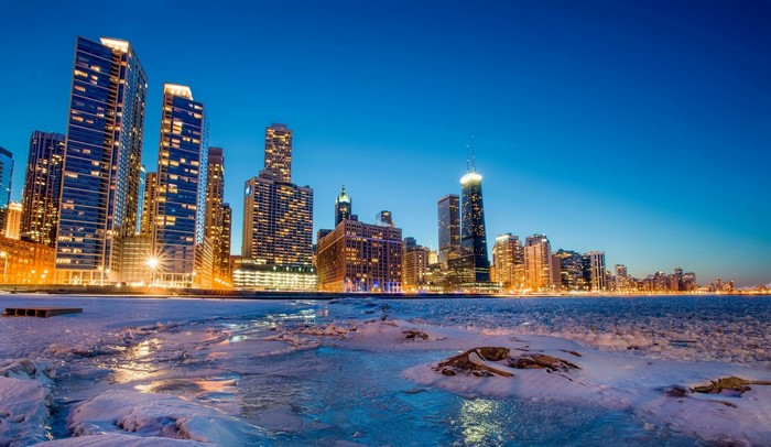 Chicago City Skyline at Night with Ice