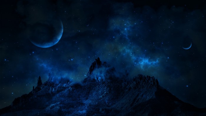 Night sky with planets and mountains