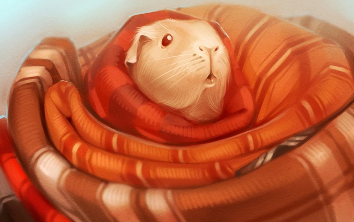 Painting of a guinea pig wrapped in a blanket