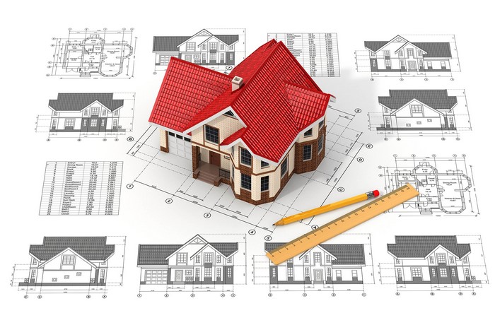 Architectural house blueprints and model