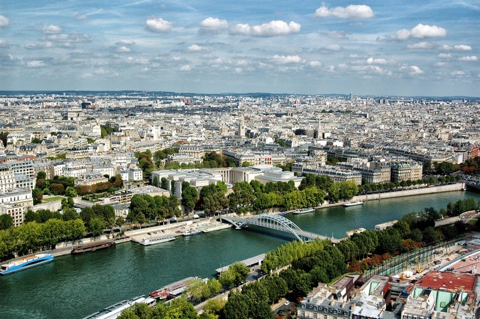 Aerial view of Paris with the Seine River and bridges