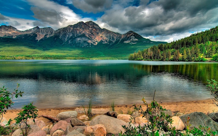 Lake and Mountains with Forest and Beach