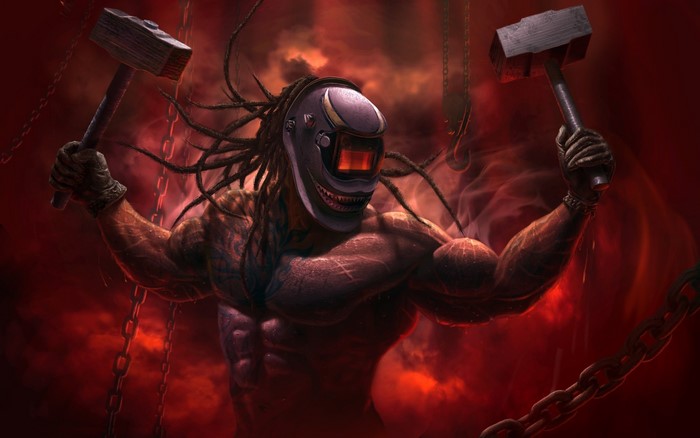 Warrior with welding mask and war hammers