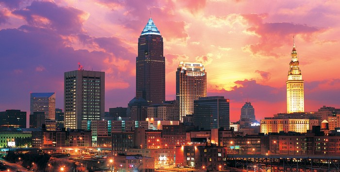 Cleveland skyline at sunset
