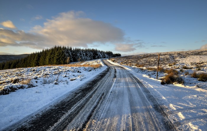 A snowy road winds through a winter landscape with pine trees