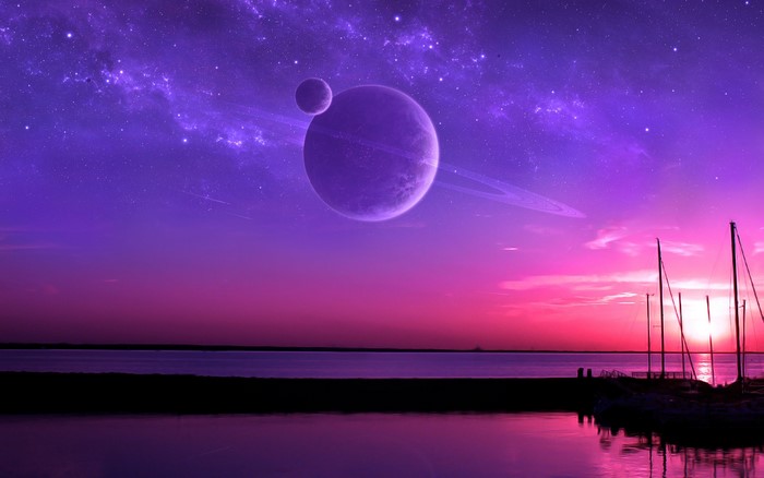 Planets and stars over a harbor at sunset