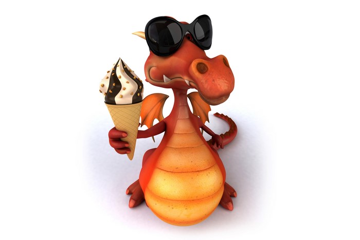 Dragon with sunglasses eating ice cream