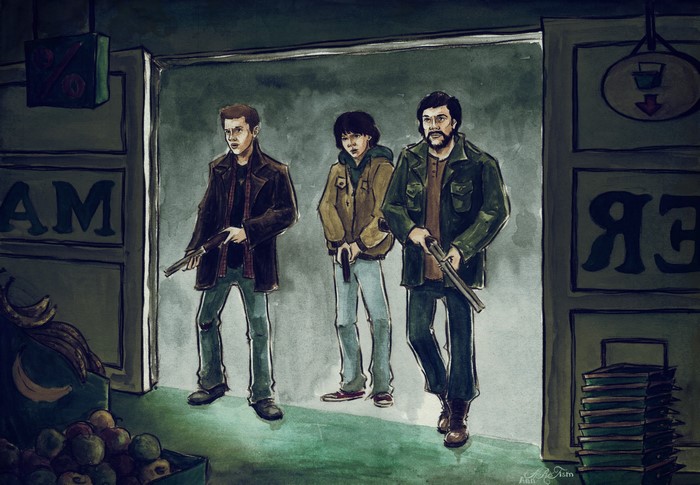 Three men with rifles in a grocery store, Supernatural painting