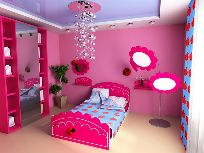 Pink Girls Bedroom Interior Design with Bed and Chandelier