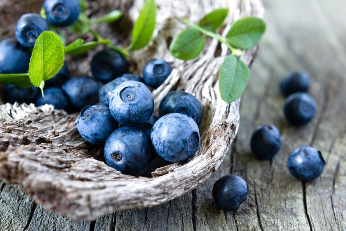 Blueberries in a wooden bowl