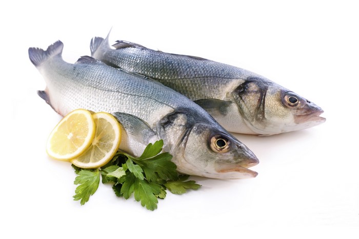 Two raw sea bass with lemon slices and parsley