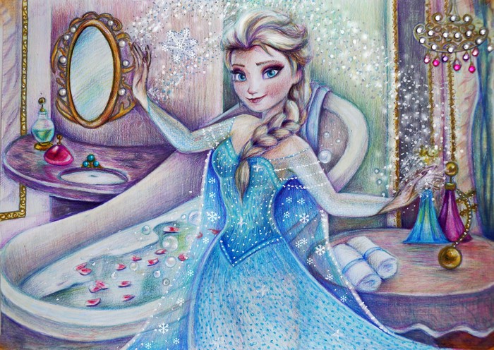 Elsa from Frozen in a bathroom with a bathtub