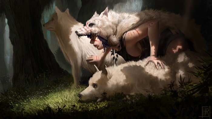 Princess Mononoke and Wolves in Forest