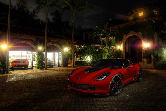 Red Chevrolet Corvette C7 Stingray at Night