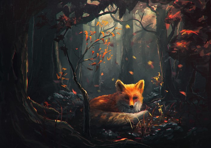 Fox resting in a sunlit forest during autumn