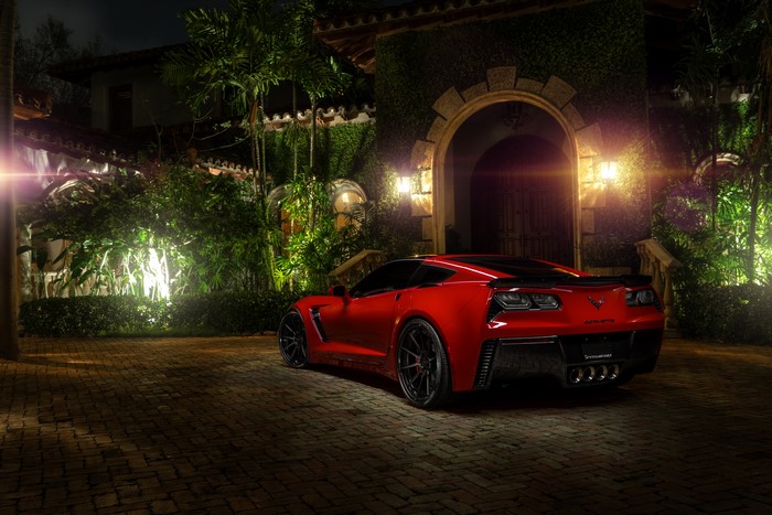 Red Chevrolet Corvette C7 Z06 at Night