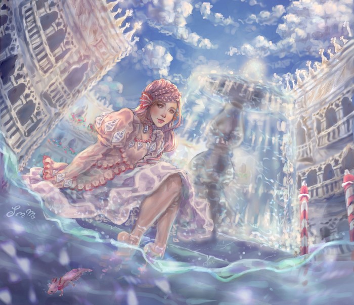 Girl in pink dress in a fantasy world with water and buildings
