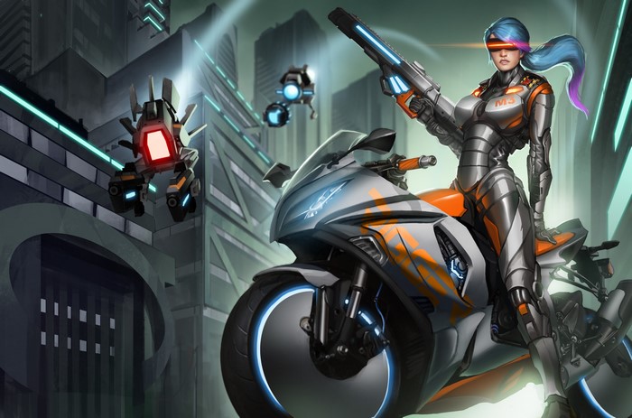 Woman in futuristic armor on a motorcycle with a rifle