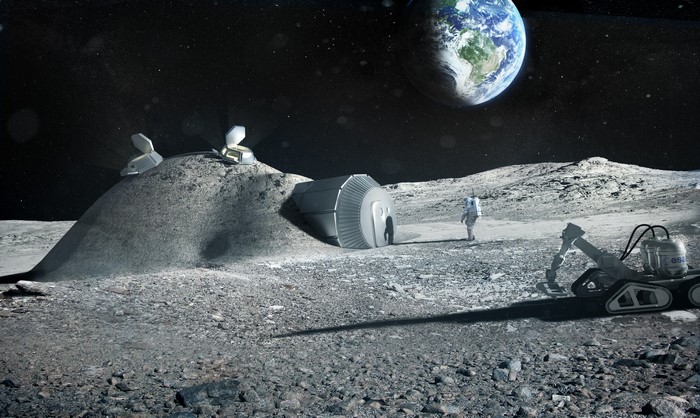 Astronauts and rover on the Moon with Earth in the background