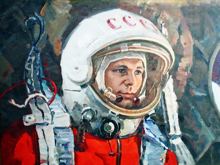 Yuri Gagarin in a spacesuit with CCCP on helmet