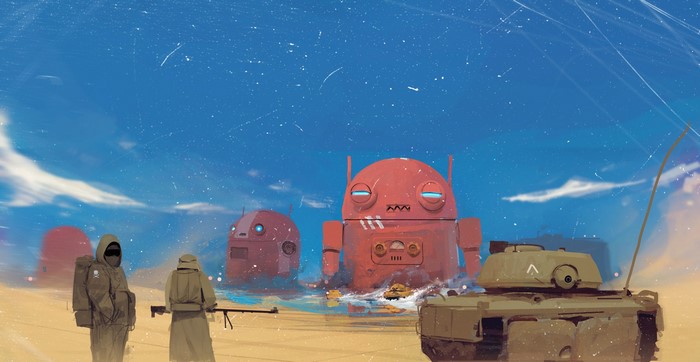 Soldiers and robots in a desert landscape with tanks