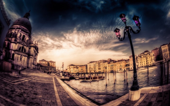 Venice Canal with Basilica di Santa Maria della Salute and Street Lamp