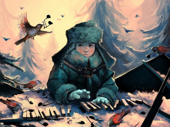 Boy playing piano in winter with birds