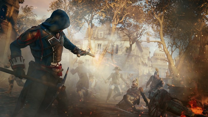 Assassin from Assassin's Creed Unity firing a pistol in Paris
