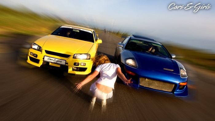 Yellow and blue sports cars with a woman