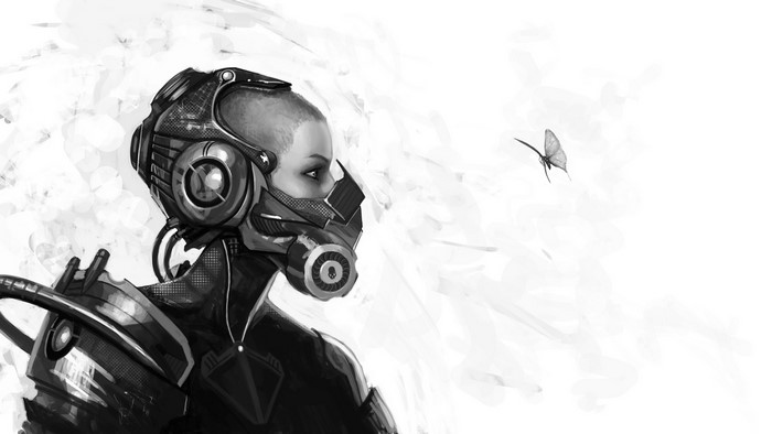 Monochrome portrait of a cyborg woman with a butterfly