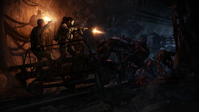 Metro 2033: Soldiers firing assault rifles at monsters