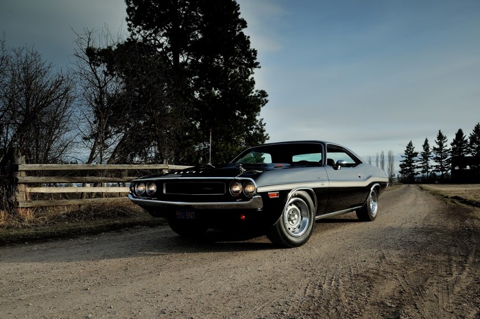 4K Black 1970 Dodge Challenger R/T on a Dirt Road