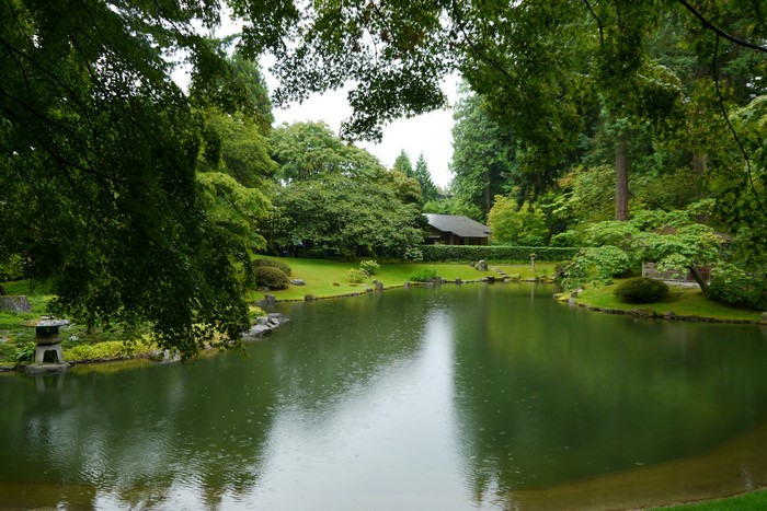 Nitobe Garden Pond with Japanese House and Trees