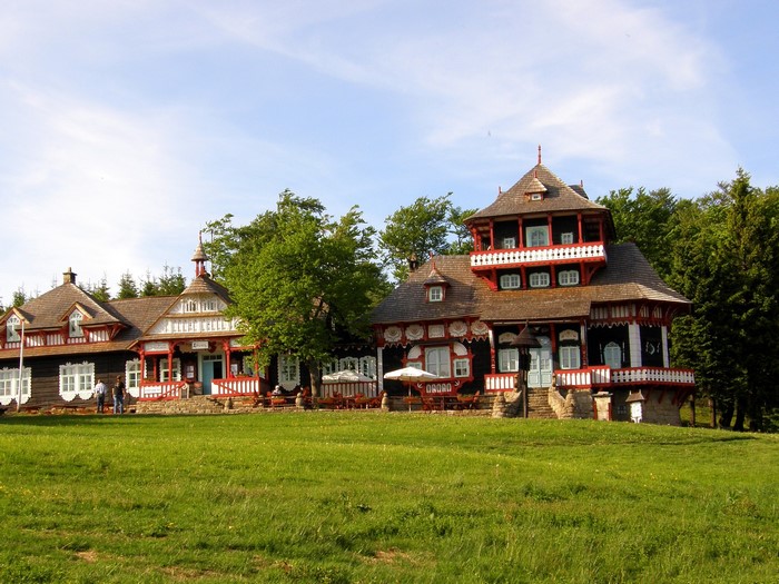 Traditional wooden houses in a grassy field