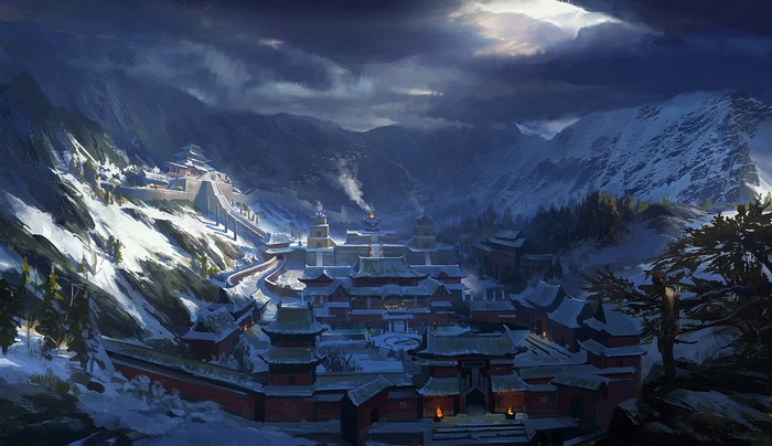 Winter mountain fortress with snow and stormy clouds