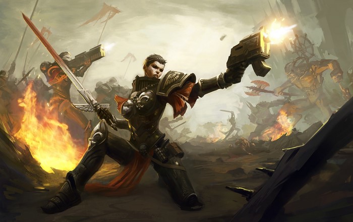 Warhammer 40000 warriors in battle with swords and guns