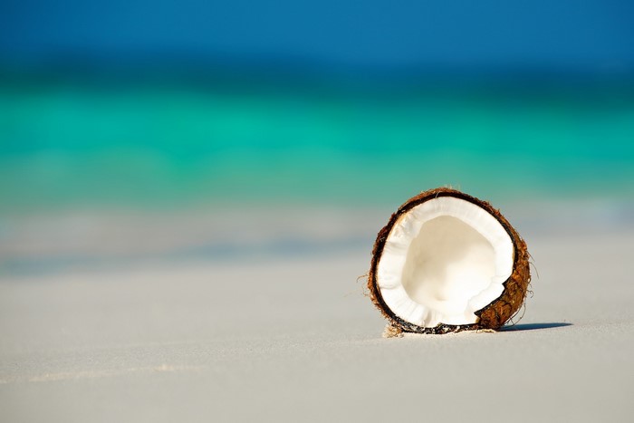 Half coconut on a sandy beach with ocean background