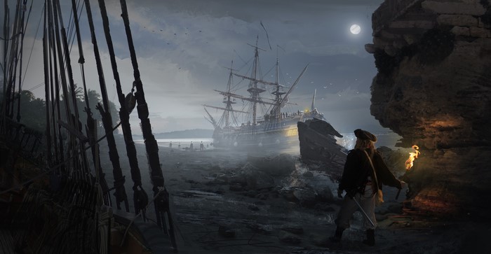 Pirates on a beach with a ship at night