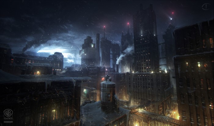 Batman: Arkham Origins snowy cityscape at night