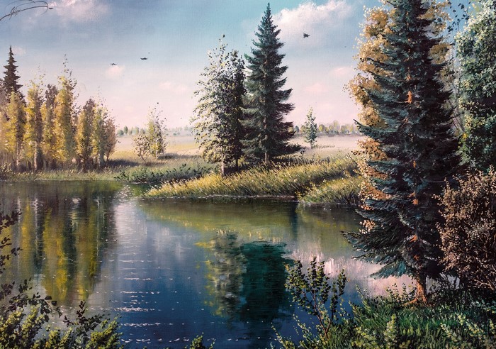 Painting of a lake with spruce trees and autumn foliage