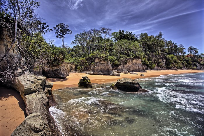 Tropical beach with rocky cliffs and lush forest