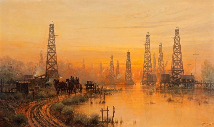 Harvey G Goose Creek Field Oil Rigs at Sunset