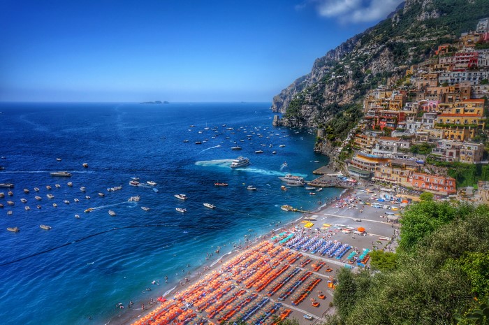 Positano, Italy Coastline with Beach and Boats