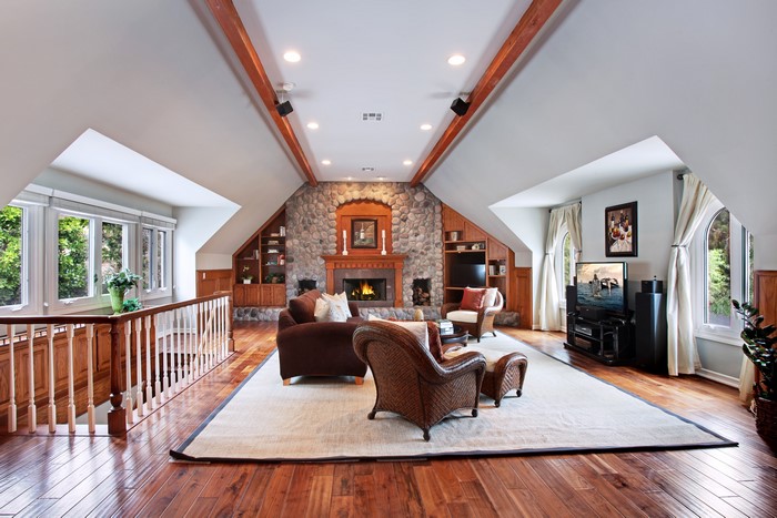 Living room with fireplace and armchair