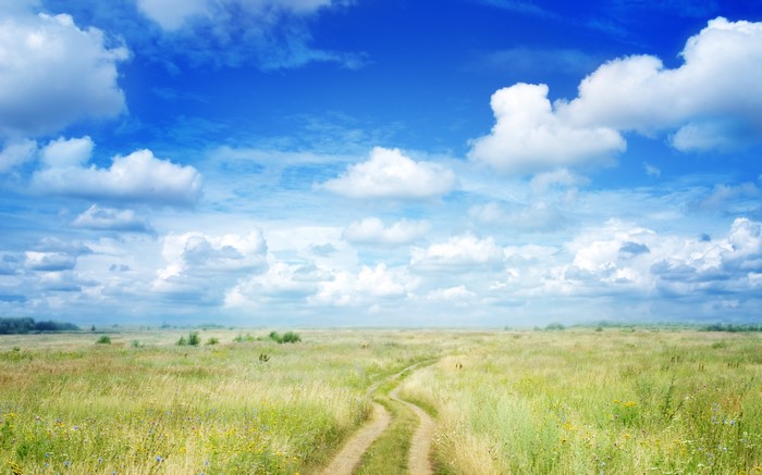 Road through Grasslands under Blue Sky with Clouds