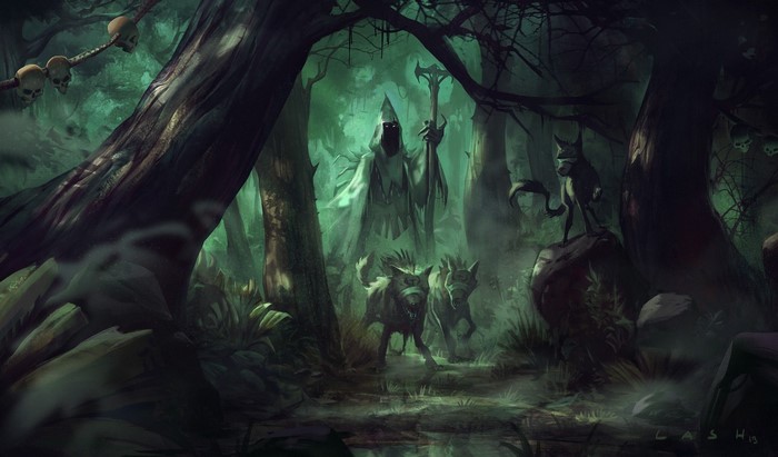 Grim Reaper and wolves in a dark forest with skulls