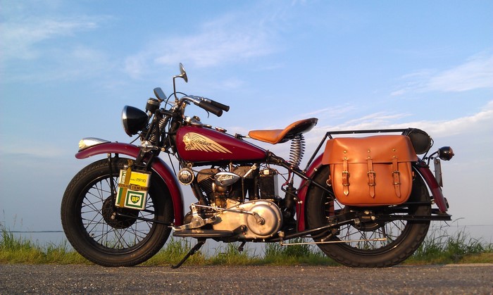 Maroon Indian 741 motorcycle with saddlebags